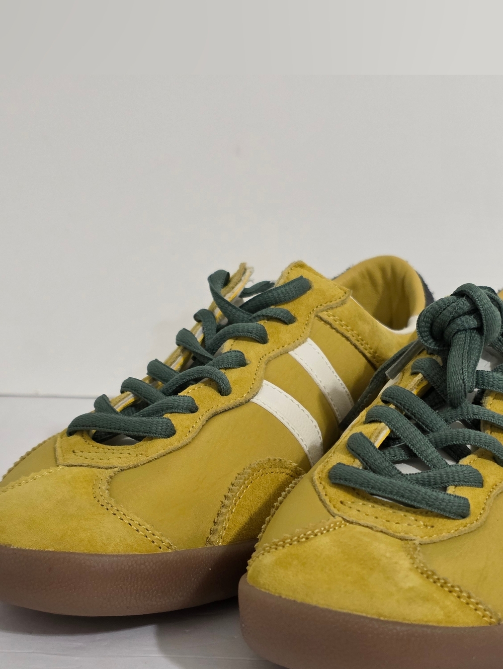 Coolway Mustard Yellow Suede Sneakers with White Stripes and Dark Green Laces - Picture 2 of 9